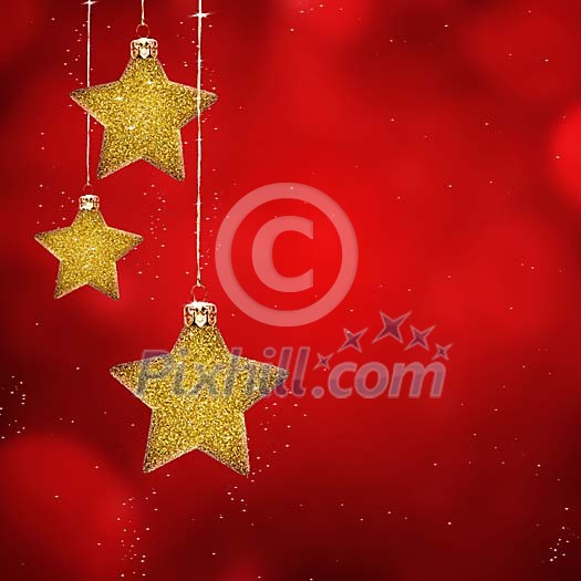 Golden stars hanging on red christmas background