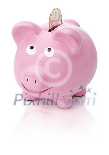 Euro coin going into pink piggybank