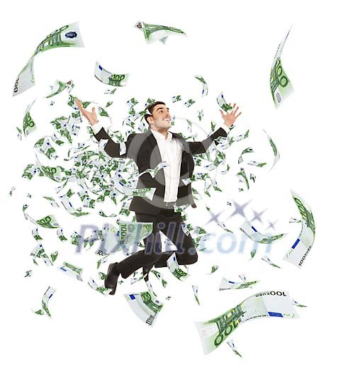 Very happy man jumping between flying hundred euro bills