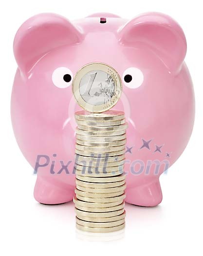 Piggybank staring at euro coin pile
