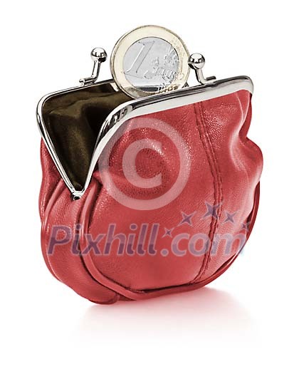 One euro coin dropping into red leather purse One euro coin dropping into red leather purse