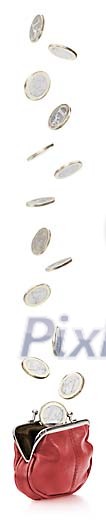 One euro coins dropping into red leather purse One euro coins dropping into red leather purse