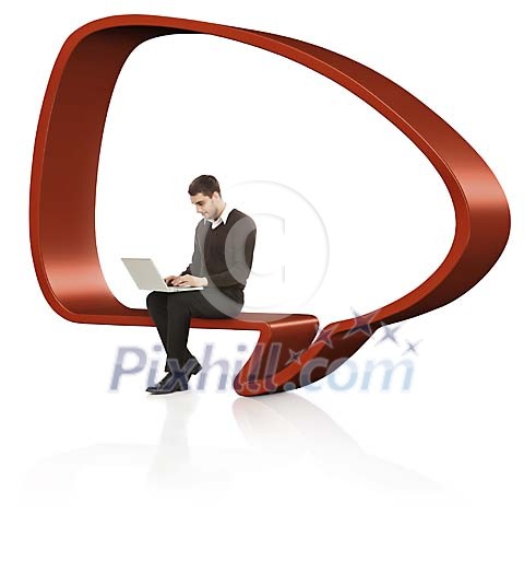 Man communicating socialy via laptop whilst sitting on text bubble shaped bench