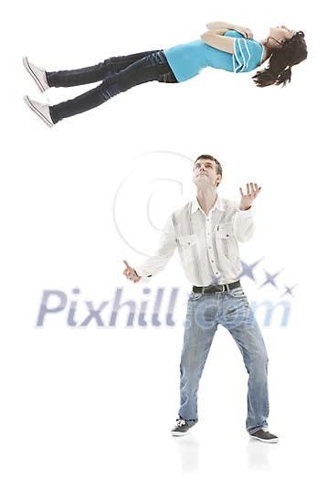 Female falling and male catching