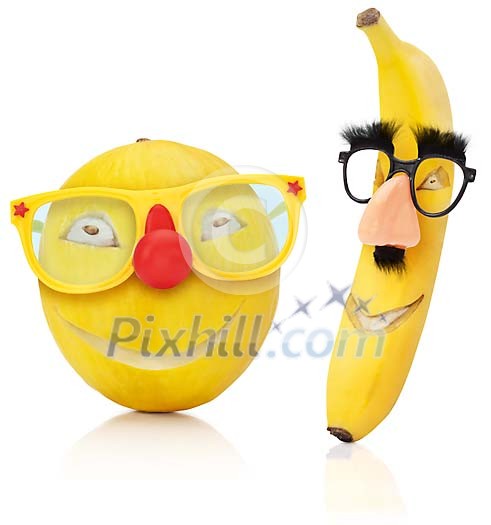 Banana and melon with fake party glasses