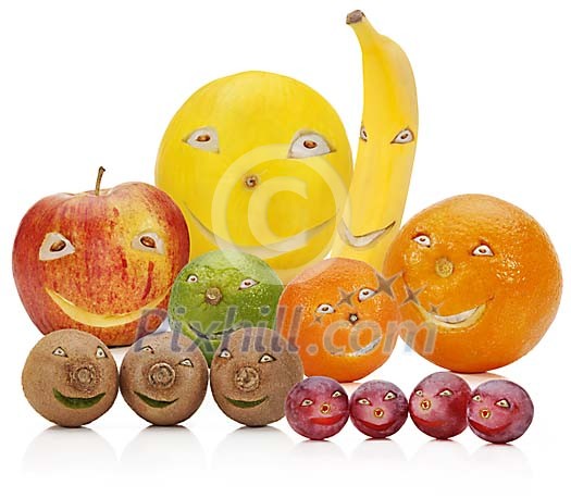 Different fruits with smiling faces