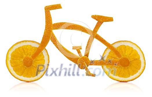 Bicycle made out of orange fruit parts