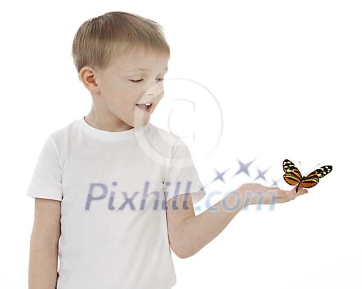 Boy with butterfly on fingers