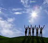 Group cheering outdoors