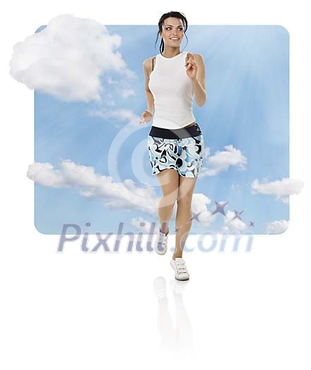Girl running between the clouds