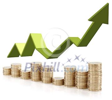 Row of euro coins combined with green arrow Row of euro coins combined with green arrow