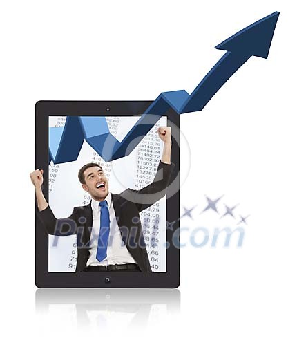 Businessman with arrow coming out of tablet