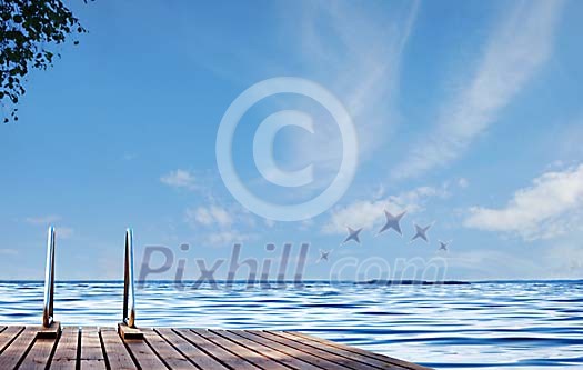 Swimming dock at the country side lake shore