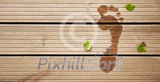 Wet footprint surrounded by young birch leaves on wooden surface