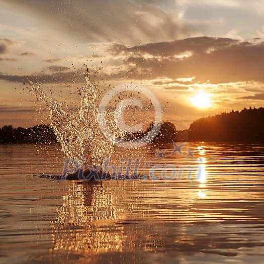 Water splash at sunset in lake