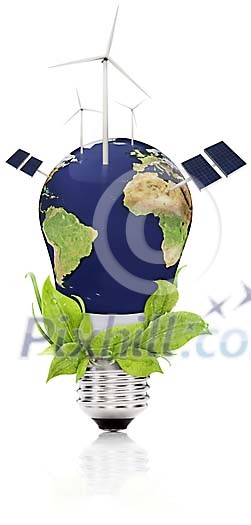 Earth light bulb with leaves, windturbines and solar panels