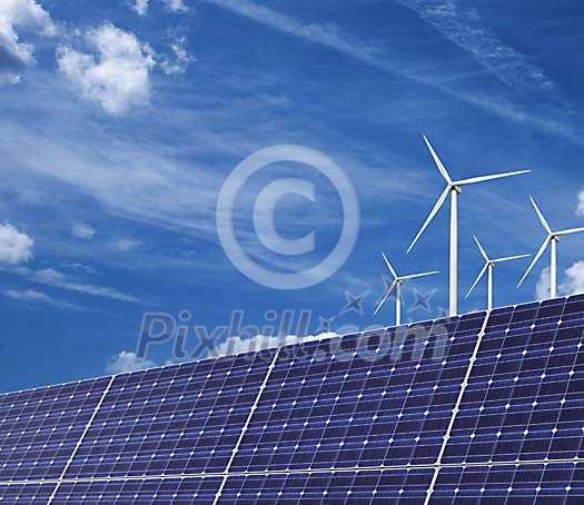 Solar and wind power plant under blue sky