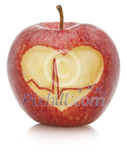 Isolated apple with heart and heartbeat cut out 