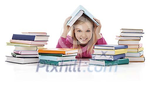 Isolated girl with loads of books