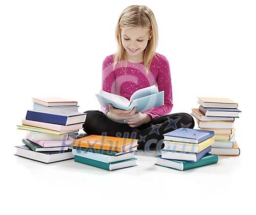 Isolated girl with loads of books on the floor
