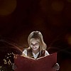 Student girl reading magical book