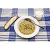 Pea soup with rye bread and a glass of milk