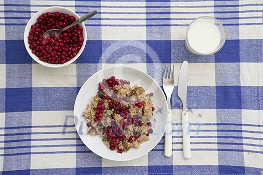 Oatmeal porridge with cowberries and milk