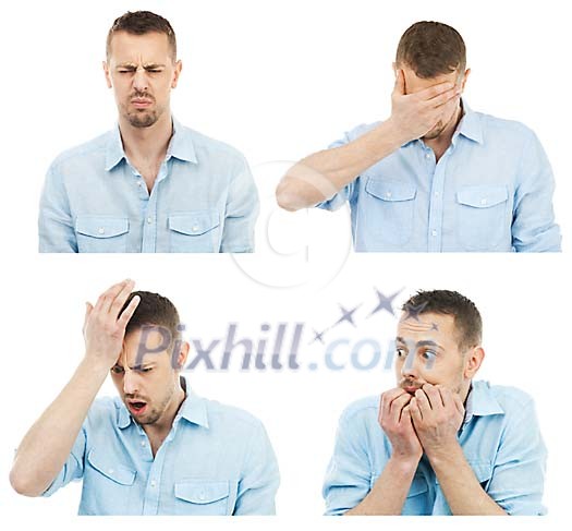 Isolated man showing different emotions Isolated man showing different emotions