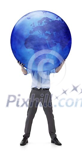 Isolated man holding up earth
