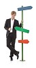 Isolated man standing next to a direction post