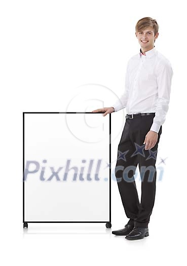 Isolated man next to a advertising poster