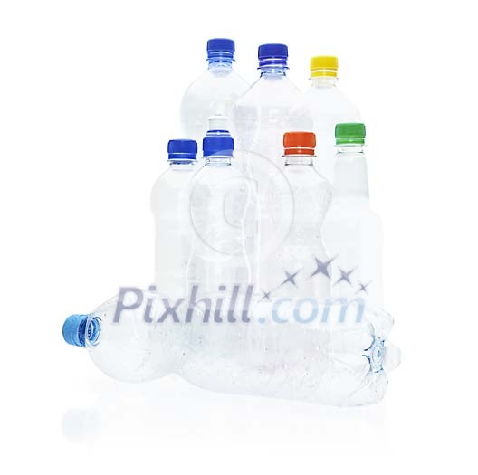 Empty plastic bottles pon a white background