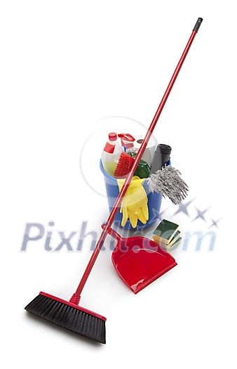 Cleaning supplies on a white background