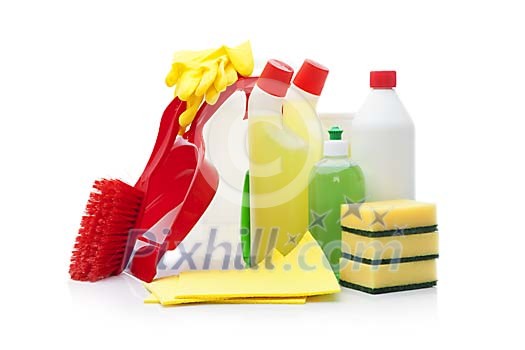 Cleaning supplies on a white background