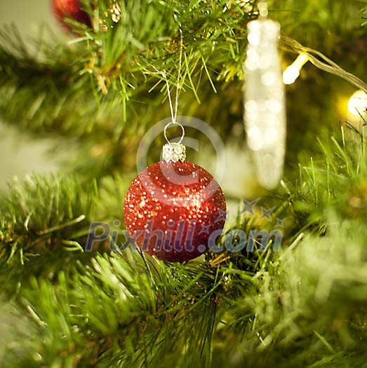 Red christmas ball on a christmas tree