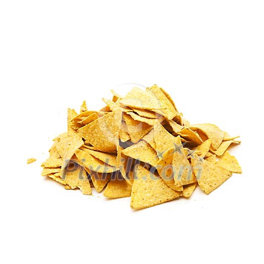 Pile of nachos on a white background