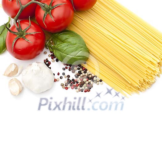Pasta ingredients on a white background