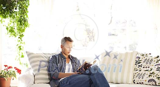 Man reading a book on the sofa