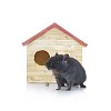 Dark grey mouse in front of a small hut