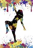 A silhouette of a female dancer and colourful paint drops