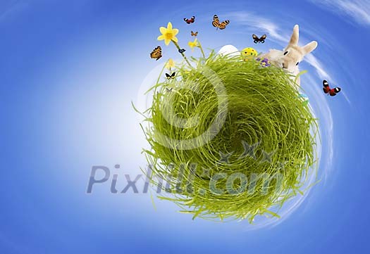 Conceptual easter world with easter and spring elements