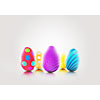 Striped and spotted Easter eggs on a neutral background with copyspace