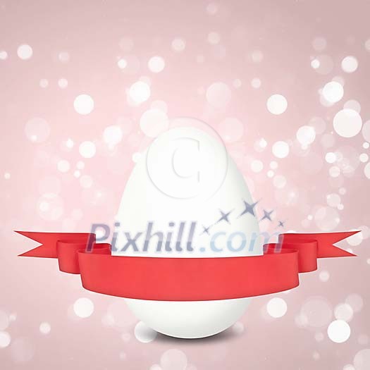 White egg and red banner on a glimmery background with copyspace
