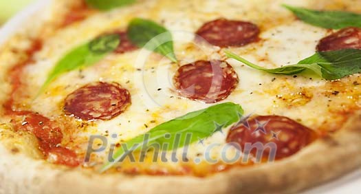 Close-up of a juicy pepperone pizza