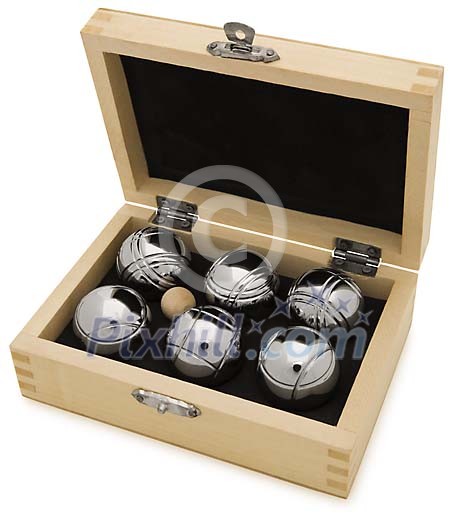 Petanque balls in wooden box with clipping path