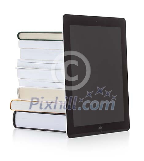 Isolated e-reader with a stack of books Isolated e-reader with a stack of books
