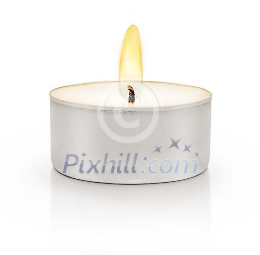 Candle with flame on white background