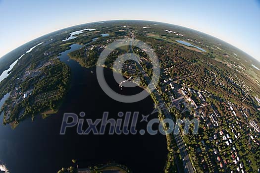 Round view from above to the town