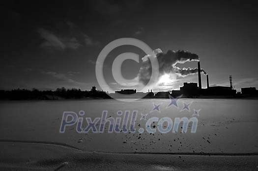 Black and white image of industrial landscape