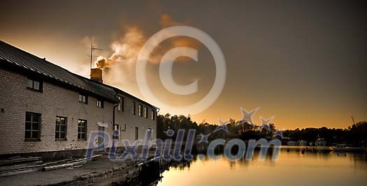 HDR image of old warehouse by the lake